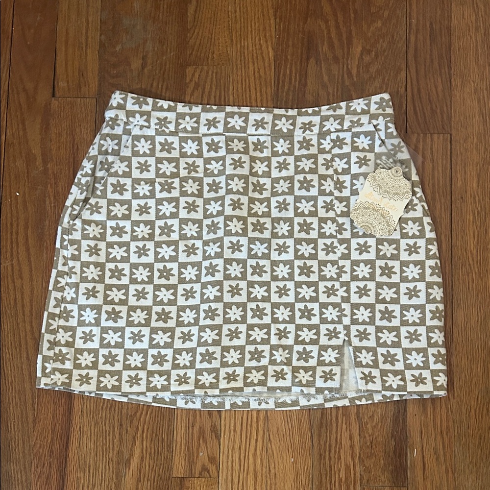 Altar'd State Tan and White Patterned Mini Skirt